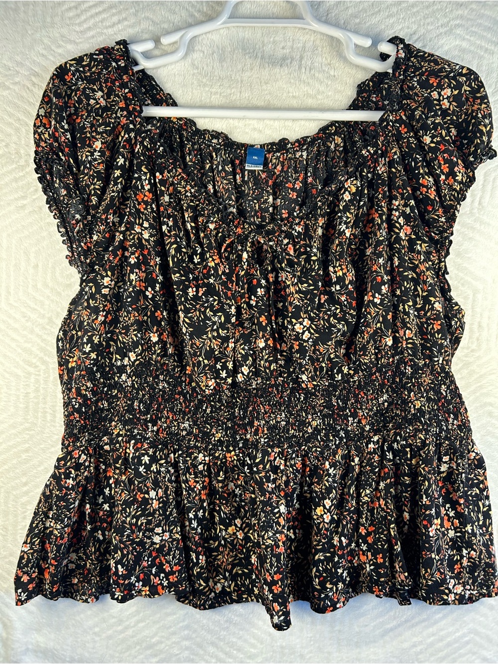 Old Navy Black Floral Smocked Peasant Top with Red & Cream Accents